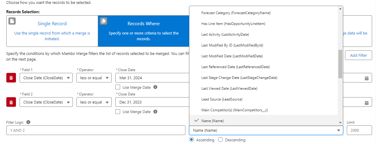 A dropdown list of fields to sort the records by.