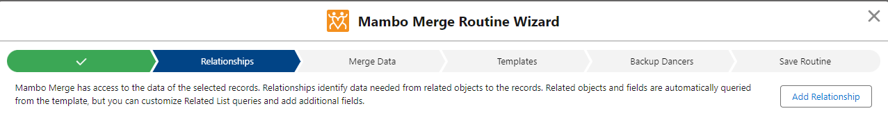 Mambo Merge Routine Wizard Relationship Page with button labeled Add Relationship.