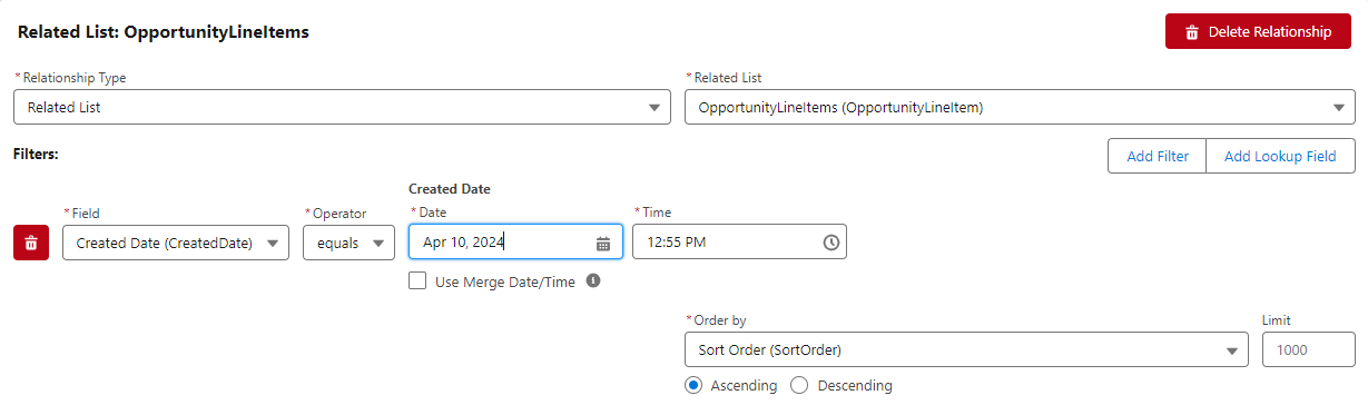 Example of a Related List Relationship Opportunity Line Items from a Opportunity