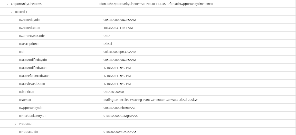 Displays example of Opportunity Related List Merge fields.